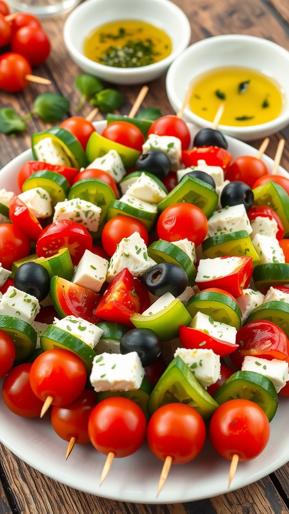 Chilled Mediterranean Appetizer Kabobs Chilled Mediterranean kabobs with cherry tomatoes, cucumbers, bell peppers, feta, and olives on a wooden platter.